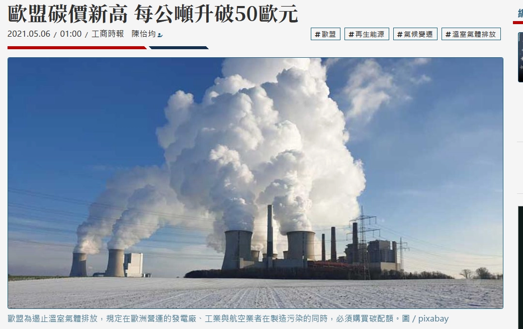 工商時報：歐盟碳價新高 每公噸升破50歐元