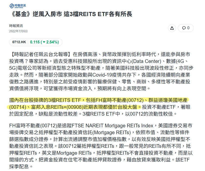 台股 REITs ETF 推薦(00712、00714、00908)