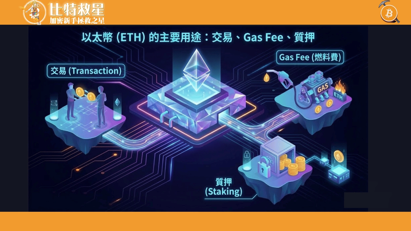 以太幣是什麼?以太坊平台原生代幣 ETH 在手續費GAS FEE與質押中的用途示意圖